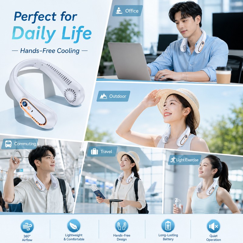 Bladeless Neck Fan for Hands-Free Cooling – 5-Speed USB Rechargeable