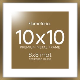 Homeforia 10x10 Brass Picture Frame, High-End Metal Square 10 x 10 Frame for Wall and Tabletop, 10x10 Bronze Frame, 10x10 Brass Photo Frame with Mat 8x8, Tempered Glass, Wall Hook Included, Set of 1