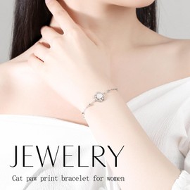 S925 Sterling Silver Cat Paw Bracelet for Women – White Agate & Zircon Gemstone Pet Lovers Charm Jewellery