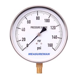 MEASUREMAN 4-1/2" Dial Size, 304 Stainless Steel Case,Drinking Water Lead-Free Contractor Pressure Gauge, 0-160Psi,+/-1% Accuracy, 1/4" NPT Lower Mount