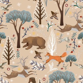 BEETAL Fairytale Animal Forest Bear Deer Owl Beige/Coffee Boho Vintage Peel and Stick Wallpaper Easy Peel Off Stick on Adhesive Wall Paper for Waterproof Renter