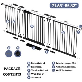 Foreng Extra Wide Baby Gates for Doorways 71.65"-81.1" Extra Wide Baby Gate Dog gate Pressure Mounted Walk Through Pet Gate Black