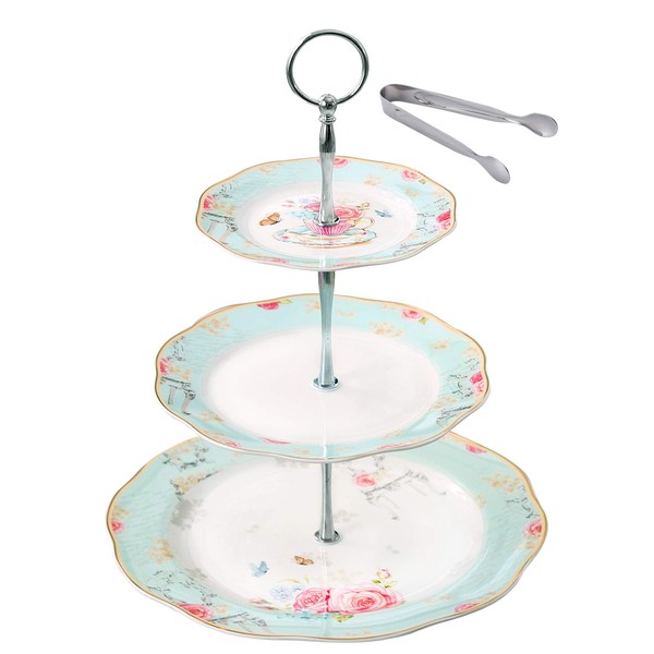 Jusalpha Light Blue 3-Tier Ceramic Cake Stand- Cupcake Stand- Tea Party Pastry Serving Platter Comes in a Gift Box- Free Sugar Tong (FD-QD3T)