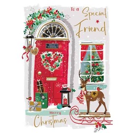 Special Friend Christmas Card - Festive Front Door and Reindeer - Contemporary Artistic Design - Special Finishes and Illustrated Insert Leaf - Made in the UK