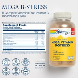 SOLARAY Mega Vitamin B-Stress - Timed Release Vitamin B Complex w/Vitamin B12, B6, Folic Acid, VIT. C - Stress, Energy, Red Blood Cell, Immune Support - Vegan, 60-Day Guarantee (276 CT)