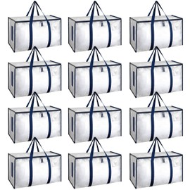 HealSmart 12 Pack Large Moving Bags with Zippers & Handles, Moving Supplies with lids, Heavy Duty Totes for Space Saving, Fold Flat, Moving and Storing, Clear