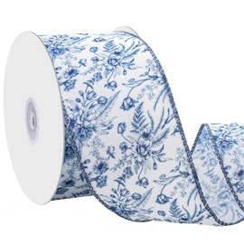 woric Blue Floral Wired Ribbon 2.5 Inch x 15 Yards Chinoiserie Style