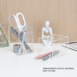 Uquelic Acrylic Pencil Holder, 2-Pack Clear Pen Pot - Desktop Stationery Storage Makeup Brushes Holder for Desk, Acrylic Organiser Pen Holder Desk Tidy
