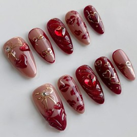 French Press on Nails Almond Medium Fake Nails Gold Bow False Nails Red Rhinestone Acrylic Nails 3D Cherry Artificial Nails Press ons Glossy Full Cover Glue on Nails for Women