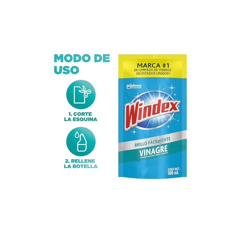 Windex Brillo Fácilmente Vinagre, Limpiador Líquido para Superficies de Vidrios,