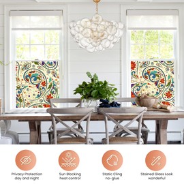 DKTIE Stained Glass Window Film with Installation Kit - Non Adhesive Static Cling Removable, Retro Floral Pattern, Privacy Protection, Softened Light (17.7" x 78.7", F)