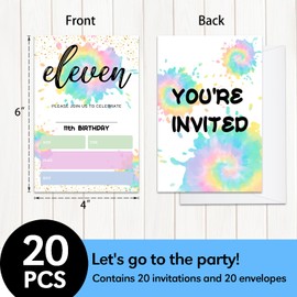 GaNiao 11th Birthday Party Invitation Cards for Boys Girls Teens Children Watercolor Rainbow Tie Dye Birthday Invites Party Supplies Favors Decorations Invites for Kids 20 Pcs with Envelopes - JK0500