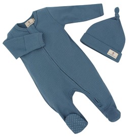 Newborn Baby Clothes - Baby Organic Cotton Long Sleeve Ribbed Onesie Footed onesie Gift Set with matching style Beanie for baby boys and girls (Steel Blue)
