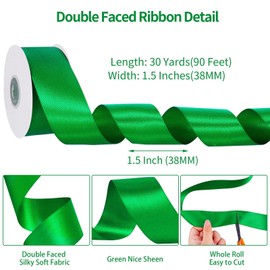 Double Faced Green Ribbon 1 1/2 inch 30 Yards Christmas Ribbon Green Satin Ribbon for Flower Bouquet Gift Wrapping Crafts Hair Bows Stocking Stuffers Decorations