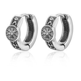 Lantine Stainless Steel Viking Hoop Earrings for Men Engraved Compass Norse Viking Rune Huggie Hinged Vintage Punk Gothic Jewelry