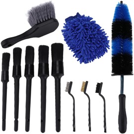 Juego de 11 cepillos de limpieza para coche con suave y duro, kit de detalles universal para ruedas, neumáticos, compartimento del motor, interior y exterior, azul y negro
