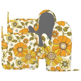 MIFSOIAVV Retro 70s Style Flower Oven Mitts and Pot Holders Sets Silicone Kitchen Mitts Potholders Heat Resistant 4Pcs Oven Gloves Hot Pads for Kitchen Baking Cooking BBQ Grilling