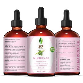 SVA Palmarosa Essential Oil- 118 ml (4 fl. oz.) 100% Pure, Natural & Premium Therapeutic Grade for Supple Skin, Nourished Hair, Aromatherapy & Massage