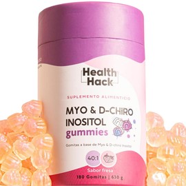Health Hack Myo y D-Chiro Inositol en Gomitas, Ratio 40:1, 2000 mg Mio y 50 mg D-Chiro Vitamina B8 por Porción, Sabor Fresa, Suplemento Vegano para Mujer Sin Azúcar, 180 Gomitas