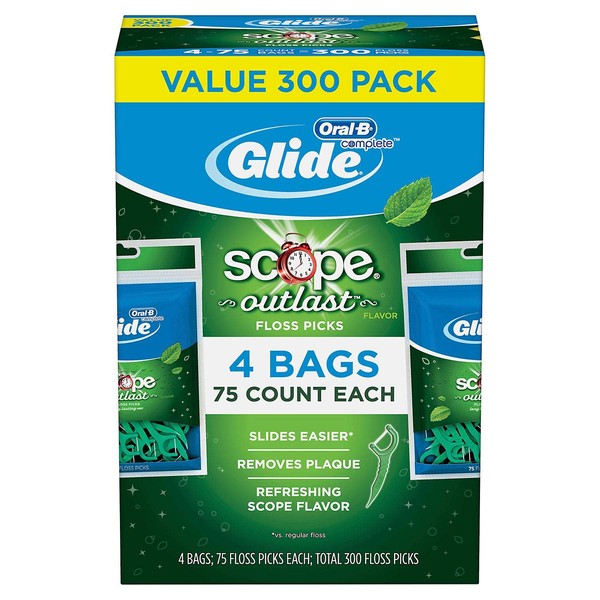Oral-B Pro-Health Floss Picks + Scope Outlast Long Lasting Mint Flavor - 75 ct, Pack of 4