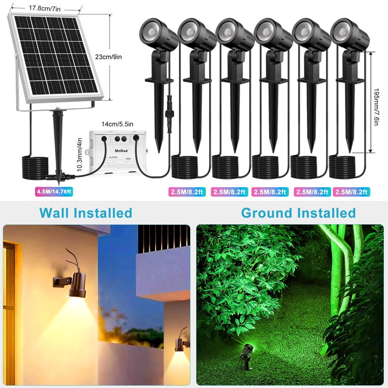 MEIHUA Solar Spot Lights Outdoor Color Changing, 6 in 1