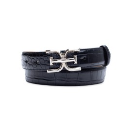 Sam Edelman Women's Double-E Logo Plaque Buckle Textured Jean and Trouser Belt, Black Croc, Large