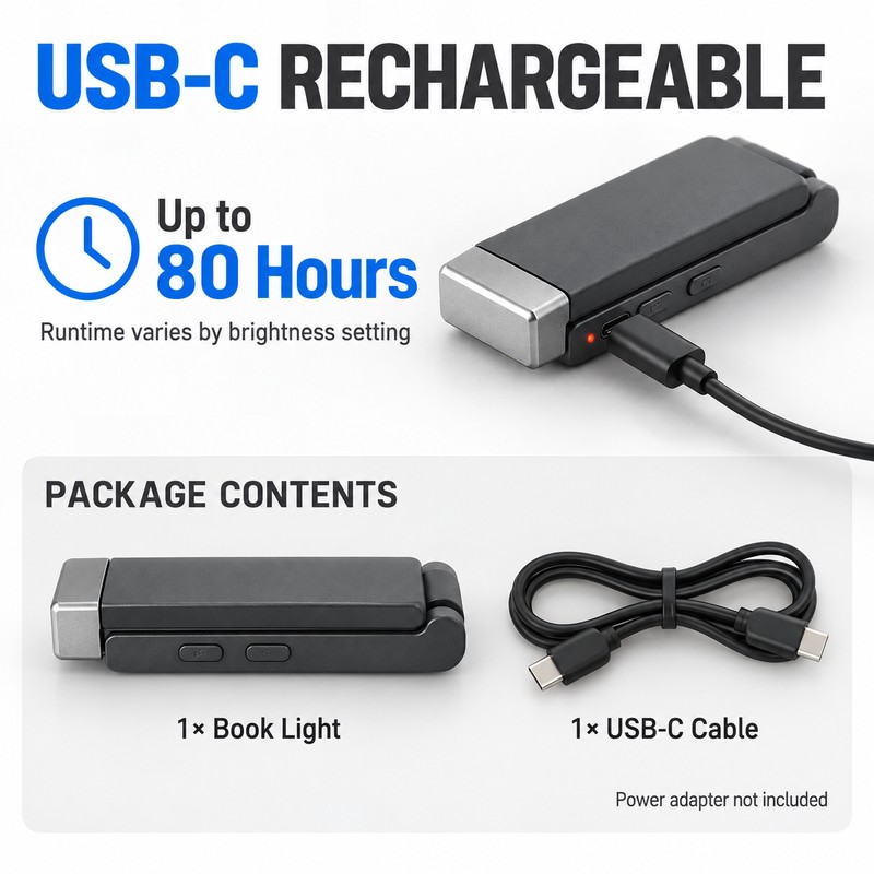 USB-C Rechargeable Clip-On Book Light, 3 Color Temperatures & 5