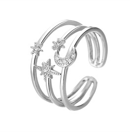 Dtja Moon Star Sun Statement Silver Plated Ring for Women CZ Engagement Layered Open Band Rings Adjustable Expandable Comfort Fit Wedding Promise Birthday Party Jewelry (Triple Lines)