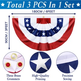 3 Pack Large Size 3 X 6 Feet American Bunting Flag 4th of July Decorations, USA Pleated Fan Flag Memorial Day Decor Patriotic Half Fan Banner Fourth July Independence Day Outdoor Decor Red White Blue