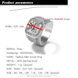 H&Beautimer New 925 Sterling Silver Rings for Men - 0.67'' CZ Zircon Inlaid Rings 8/9/10/11/12/13# - Noble Silver Jewelry Wedding Rings for Women - Gifts (Silver, 13)