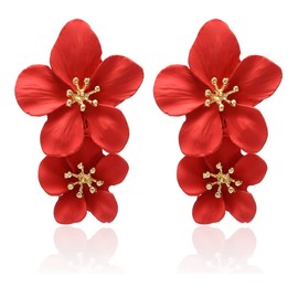 Boho Flower Stud Earrings for Women Girls,Elegant Layered Floral Petal Drop Earrings,Cute 3D Simulation Flower Statement Stud Earrings with Gold Flower Bud for Mom Sister Friends (Red)