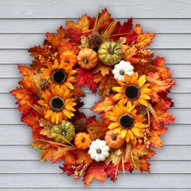 24 Inch Sunflower Fall Wreath for Front Door with Maple Leaves and Pumpkins