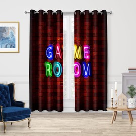 Jekeno Game Room Blackout Curtains - Video Gaming Theme Red Brick Wall Pattern Print Decor Playroom Home Apartment Bedroom Living Room Darkening Grommet Window Drapes2 Panels Set,52x84 Inch