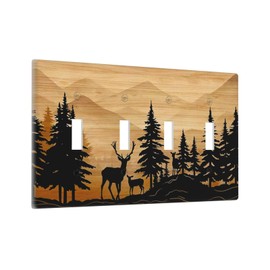 wyehjut Rustic Forest Pine Tree Wood 4 Gang Quad Toggle Light Switch Cover Wall Plate Decorative Deer Country Farmhouse Brown Switchplate Outlet Electrical Receptacle for Kitchen Office