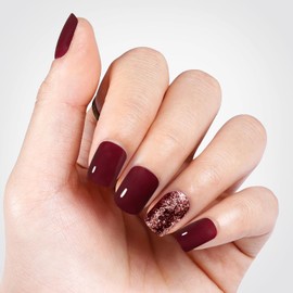 Press On Nails Short Square, Vneffabler Burgundy Nails Press ons Glue on Nails Reusable Stick On Nails with Glitter Designs for Women and Girls in 12 Sizes - 24 Fake Nails Kit, Burgundy Glitter