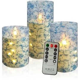 3 Pack Home Decoration Flameless LED Pillar Candles 11-Key Remote Timer Flickering Tropical Flower Print Battery Operatedcolor: Blue floral, size: High:6" x 3" ;Medium:5" x 3" ;Low:4" x 3"