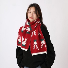 Korean Style Women's Winter Knitted Red Reindeer Antler Scarf - Birthday/Christmas Gift Free Size/New Year Scarf (Santa Deer) 2ea
