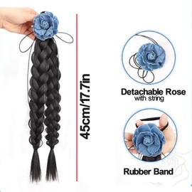 iRIIRIO 1pc Hair Braid Extension Ponytail with Jean Rose Flower Duel-Braid Black Hair Extension with Elastic Band for Girls (Black)