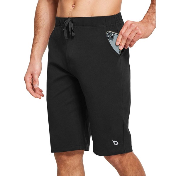 BALEAF Men's 12" Long Cotton Shorts with Pockets Yoga Workout Pajama Lounge Sweat Jersey Shorts Black M