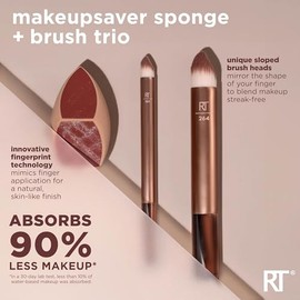Real Techniques Esponja de maquillaje + pincel Trio, esponja de mezcla de maquillaje y cepillo para formulaciones líquidas y cremosas, imita la aplicación de los dedos y reduce los residuos de