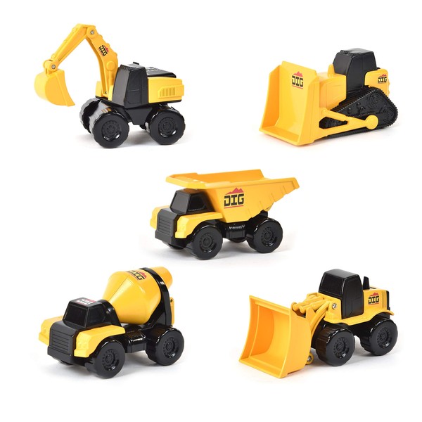 Micro Mini Construction Vehicles – Set of 5 Toy Cars and Trucks for Kids | Sensory Bin for Boys | Excavator Bulldozer Dump Truck Cement Mixer | Free Wheeling with Moving Parts – Maxx Action