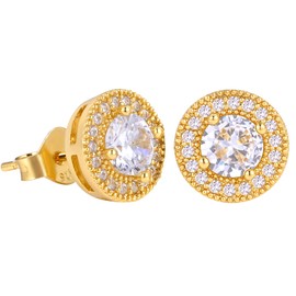 VEXXS S925 Diamond Stud Earrings for Men, 14K Real Gold Plated Iced Out Earrings Micro Pave 5A CZ Stones Men’s Studs, Hypoallergenic Studs Earrings 925 Sterling Silver Earrings for Men Hip Pop Earrings Street wear (Round-14K)