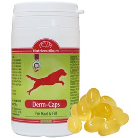 Schecker Derm-Caps 50g (125 Tabs) gegen trockener, schuppiger und juckender Haut stumpfem, glanzlosem Fell bis oder Haarausfall für den Hund