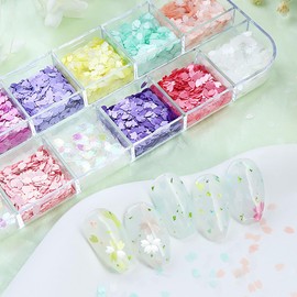 12 Colors Flowers Nail Art Glitter Sequins Cherry Blossoms Nails Accessories 3D Holographic Petal Nail Glitter Flakes Design Acrylic Nail Art Supplies for Women Girls Summer Nail Decoration