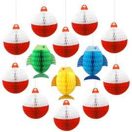 JarThenaAMCS Gone Fishing Honeycomb Ball Decorations Set 10 Fishing Bobber Round Honeycomb 3 Fish Shaped Hanging Ceiling Honeycomb Paper Table Centerpiece for Fishing Theme Birthday Party Decor, 13Pcs