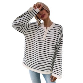 SHENHE Women's Striped Long Sleeve Button Up Ribbed Knit Oversized Sweater Tops Black White L