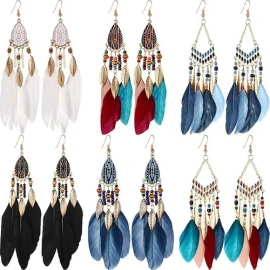 6 Pares Aretes Mujer Pendientes Largo Plumas Bohemios