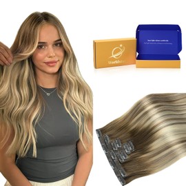 Worldstar Invisi Edge Clip In Hair Extensions Human Hair 20 Inch 6pcs 130g #3/8/22 Balayage Dark Brown Ombre Light Brown Blonde Seamless Clip in Hair Extensions PU Skin Weft Straight (pu#3/8/22-20)