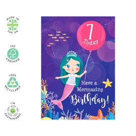 CENTRAL 23 7 Year Old Birthday Card Girl - Mermazing Mermaid 7th Bday - Granddaughter Birthday Card - Seven Year Old Gifts For Kids - Daughters - Niece - Sister - Comes With Stickers