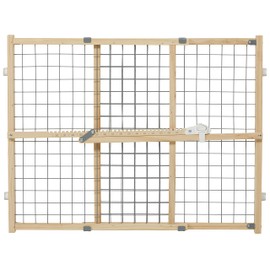 New World Wire Mesh Pet Safety Gate, Dog Gate Expands to 41.5 Inches Wide, 24 Inches Tall, No Damage to Walls, Natural Wood and Powder Coated Wire